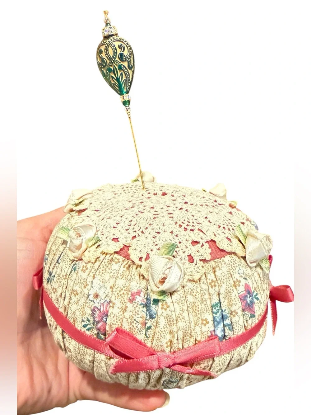 Victorian Floral Pin Cushion w/ Vintage Hatpin – Antique Sewing Collectible